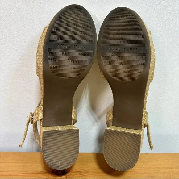 Anne Klein Raffia Block Heel Sandals Natural Beige Ankle Strap Size 10 - Picture 6 of 6